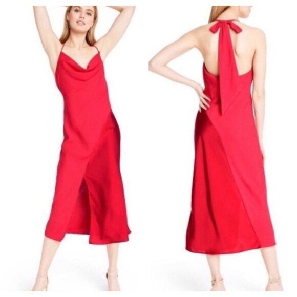 Cushnie Target Red Cowl Neck‎ Slip Midi Dress Womens 6 Satin Leg Slit Tie Neck - Picture 10 of 10